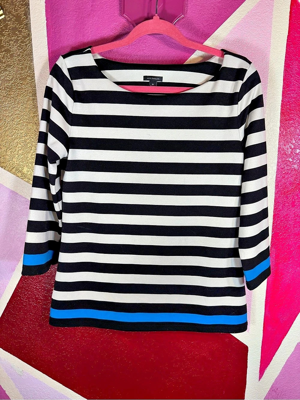 Ann Taylor Medium Black White Striped Boat Neck Top Blue Accent 3/4 Sleeve Ponte